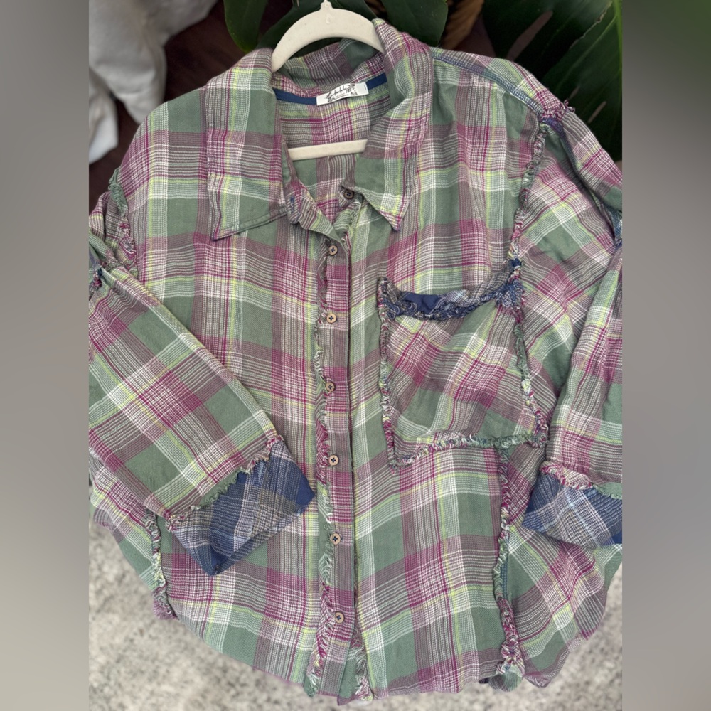 Free People Plaid Patchwork Ruffle Button-Up Flan… - image 3